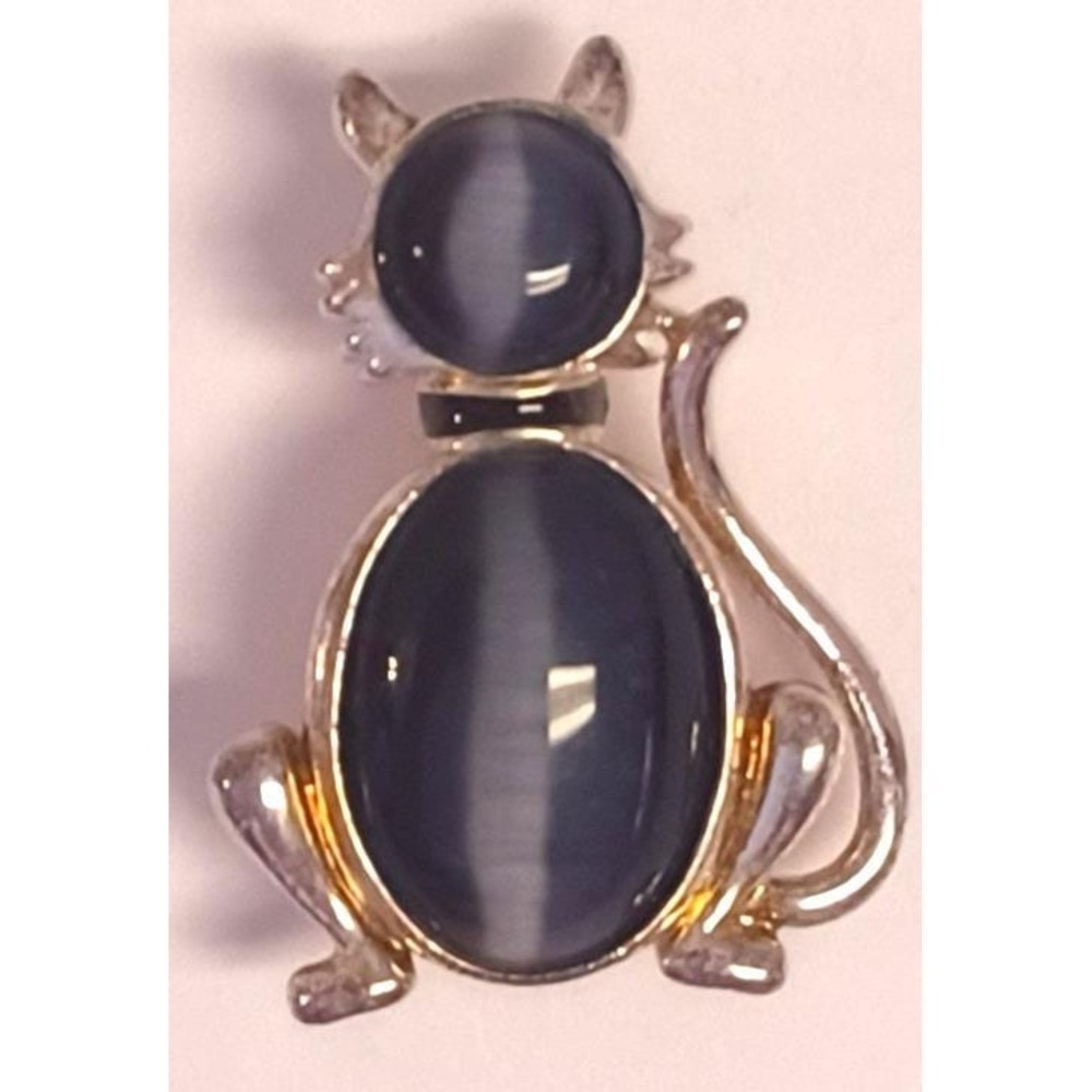 Vintage Silver Tone Black Cats Eye Glass Cabochon Sitting Cat Brooch Pin Boho